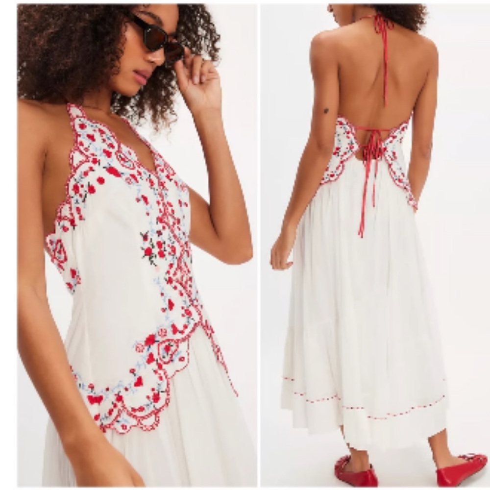 Free people Valenciana White midi Dress with Red Embroidered Accents size L NWOT